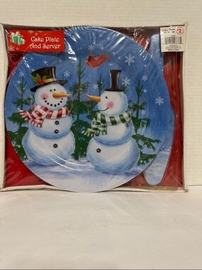 Snowman Cake Plate and Server - Blue Holiday Design